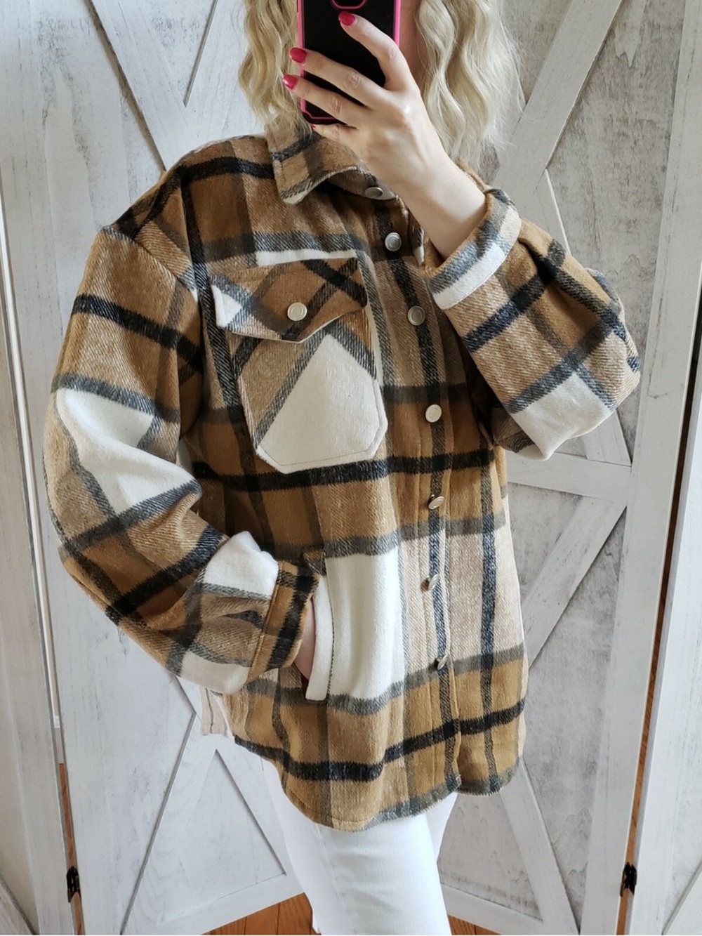 Plaid Shacket Jacket in Camel and White